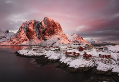fjord, Norway, snow, village, nature, sunrise, winter, mountains wallpaper