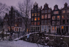 Amsterdam, Netherlands, city, snow, winter, bicycles, bridge wallpaper