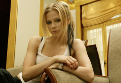 Avril Lavigne, women, blondes, ponytails, tank tops, blue eyes, black nails wallpaper
