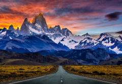 road, mountains, sunset, snowy peak, Argentina, sky, clouds, nature, landscape wallpaper