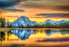 mountains, river, sunset, Grand Teton National Park, reflection, sky, snowy peak, nature, landscape wallpaper