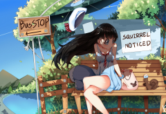 anime, squirrel, bench, legs crossed, long hair, original characters wallpaper