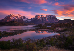 Torres del Paine, Chile, nature, landscapes, mountains, lakes, sunrise, shrubs, snowy peaks, clouds wallpaper