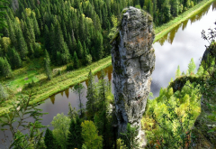 ural mountsins, russia, river, usva, usvinskie rock pilars, tree, water, rock, forest, rock formatio wallpaper