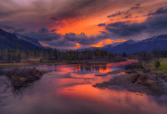 sunrise, rivers, mountains, clouds, snowy peaks, forests, nature, landscapes wallpaper