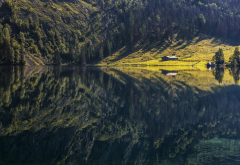 lake, reflections, nature, mountains, forest, cabin, grass, water, tree, calm wallpaper
