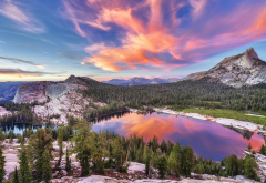 Yosemite National Park, california, usa, nature, landscape, lake, sunset, clouds, mountains, pine tr wallpaper