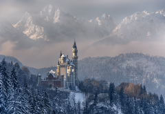 Neuschwanstein, Castle, Germany, Bavaria, nature, landscape, mountains, forest, winter, snow wallpaper