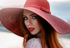 women, faces, portraits, red lipstick, redhead, hats, rear view, open mouth, sensual gaze, blue eyes wallpaper