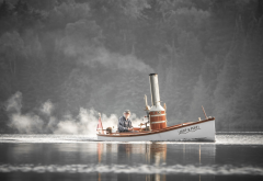 water, boat, men, sailor, steamship, fog, lake, river wallpaper