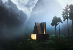 cabin, nature, house, tree, mountains, fog wallpaper