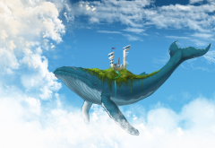 digital art, fantasy art, animals, whale, clouds, sky, futuristic wallpaper