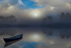 fog, mist, calm, atmosphere, boat, lake, reflection, clouds, nature, landscape wallpaper