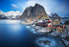 Lofoten, Norway, fjord, snow, nature, landscape, mountain, tree, rock, water, sea, bay wallpaper