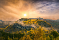 nature, mountains, sunset, forest, fall, clouds, sky wallpaper