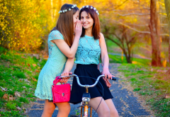 women, girl, smiling, skirt, bycicle, fall, brunette wallpaper