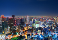 osaka, japan, city, cityscape, night, skyscrapers wallpaper