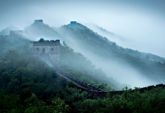 great wall of china, china, mountains, fog, forest wallpaper