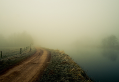 nature, river, fog, mist, dirty road, grass, fence, frost wallpaper