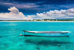 mauritius, island, tropics, sea, boat, clouds, turquoise, water, ocean, nature wallpaper