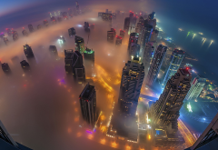 dubai, aerial view, night, smog, mist, cityscape, skyscrapers wallpaper