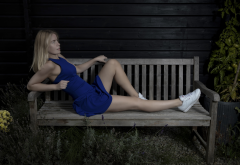 bench, blonde, women, legs, blue dress wallpaper