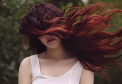 women, redhead, long hair, outdoor, hair in face, windy wallpaper