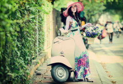 asian, women, model, dress, hat, flowers, moped, motorbike, motor bicycle wallpaper