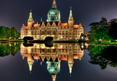 city hall, hanover, architecture, city, germany, water, old building, night, lights, lake wallpaper