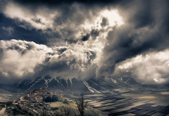 nature, landscapes, Italy, mountains, fields, villages, clouds, snowy peaks, valleys, Alps wallpaper