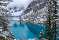 moraine lake, canada, winter, turquoise, water, forest, mountains, snow, nature wallpaper