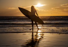 sea, surfing, sun, women, silhouette, beach wallpaper