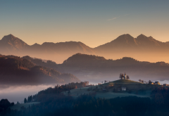 sunrise, fog, mist, mountains, village, slovenia, nature wallpaper