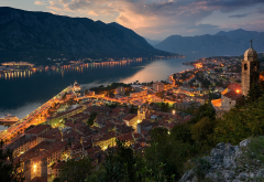 montenegro, kotor, city, night, river, mountains wallpaper