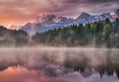 sunrise, fog, lake, reflection, germany, mist, forest, mountains wallpaper