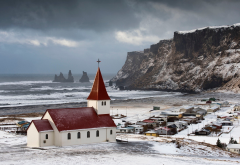 vik, church, cliff, sea, snow, winter, iceland, rock, sea wallpaper