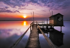 sunset, lake, reflection, nature, pier, house on water wallpaper