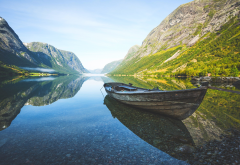 fjord, mountains, boat, reflection, norway, calm, nature, landscape wallpaper