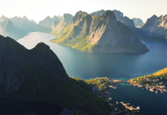 reine, lofoten islands, norway, morning, sunlight, mountains, nature, landscape wallpaper
