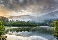 australia, berowra creek, reflection, lake, tree, mist, clouds wallpaper