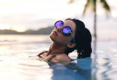 aurela skandaj, brunette, sunglasses, wet, pool, women wallpaper