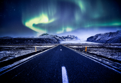 vatnajokull national park, iceland, northen lights, road, snow, nature wallpaper