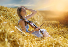 field, women, outdoors, violin, hay wallpaper