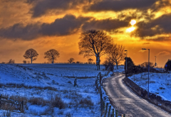 sunset, winter, snow, road, nature wallpaper