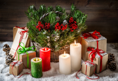 christmas, candles, gifts, snow, decorations, new year wallpaper