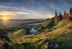 old man of storr, skye, nature, landscape, sunrise, island, scotland, grass, sea, mountains wallpaper