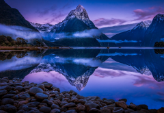 milford sound, new zealand, fjord, snowy peak, water, reflection, sunrise, clouds, nature, landscape wallpaper