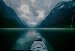 kayak, fjord, mountains, norway, morning, landscape, nature wallpaper