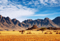 Namibia, Africa, nature, landscape, mountain, clouds, desert, rock, trees, stones, plants wallpaper
