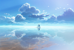 bicycle, clouds, reflection, anime, salt lake wallpaper